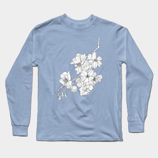 Sakura Cherry Blossom Flower Monoline Illustration Long Sleeve T-Shirt by Flowering Words